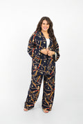Rosaline Casual Suit for Women - Kimono Design with Pants - Navy*Red Chain