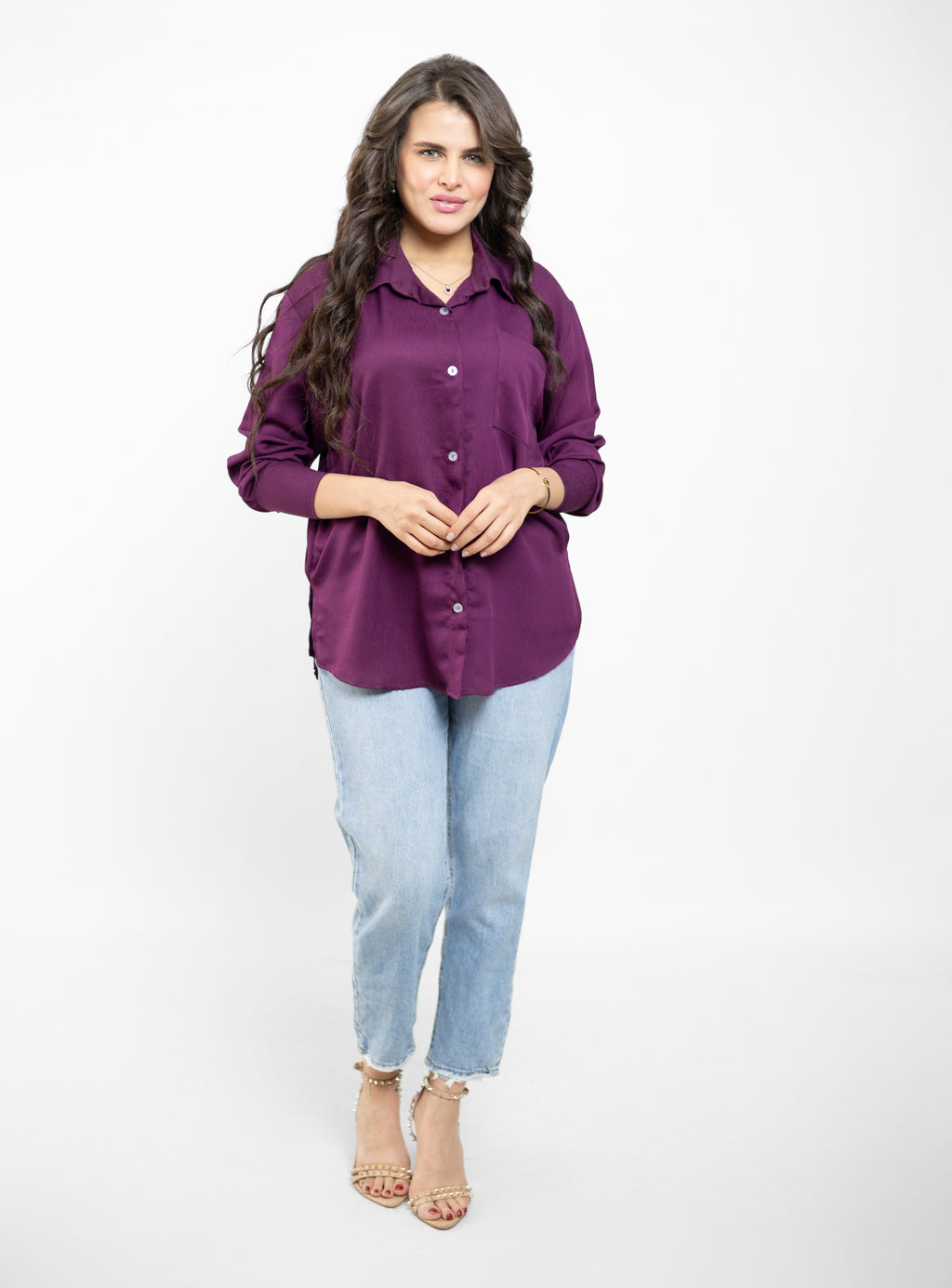 Oversized Cropped Button-Down For Women - Purple