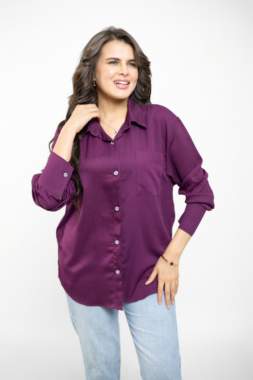 Oversized Cropped Button-Down For Women - Purple