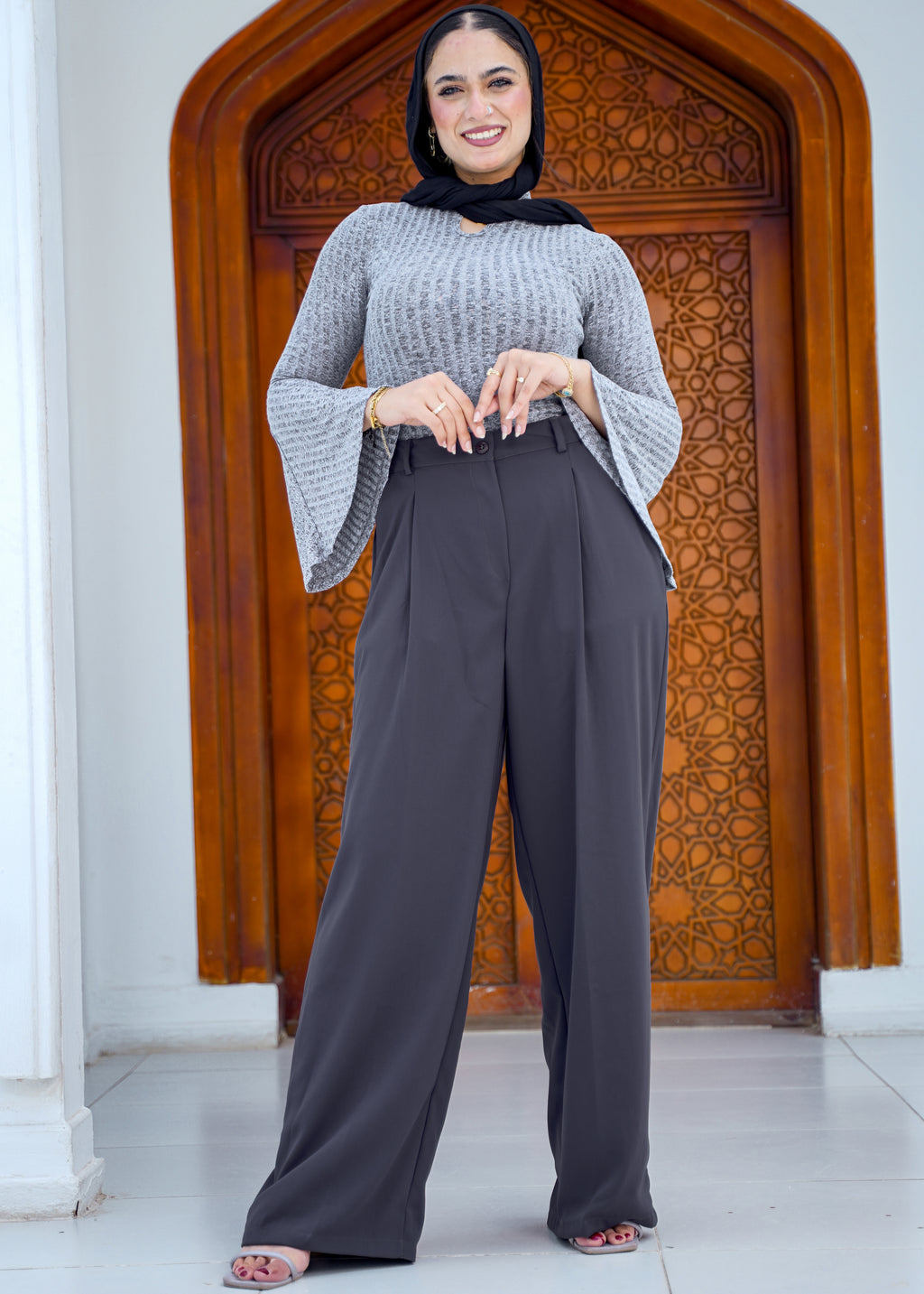 High-Waisted Wide-Leg Trousers - Dark Grey