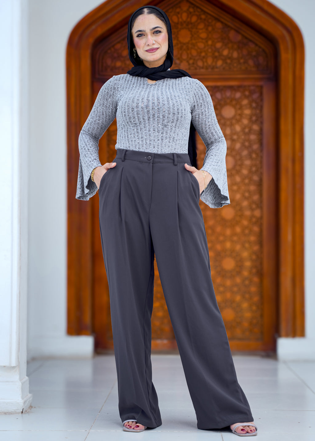 High-Waisted Wide-Leg Trousers - Dark Grey